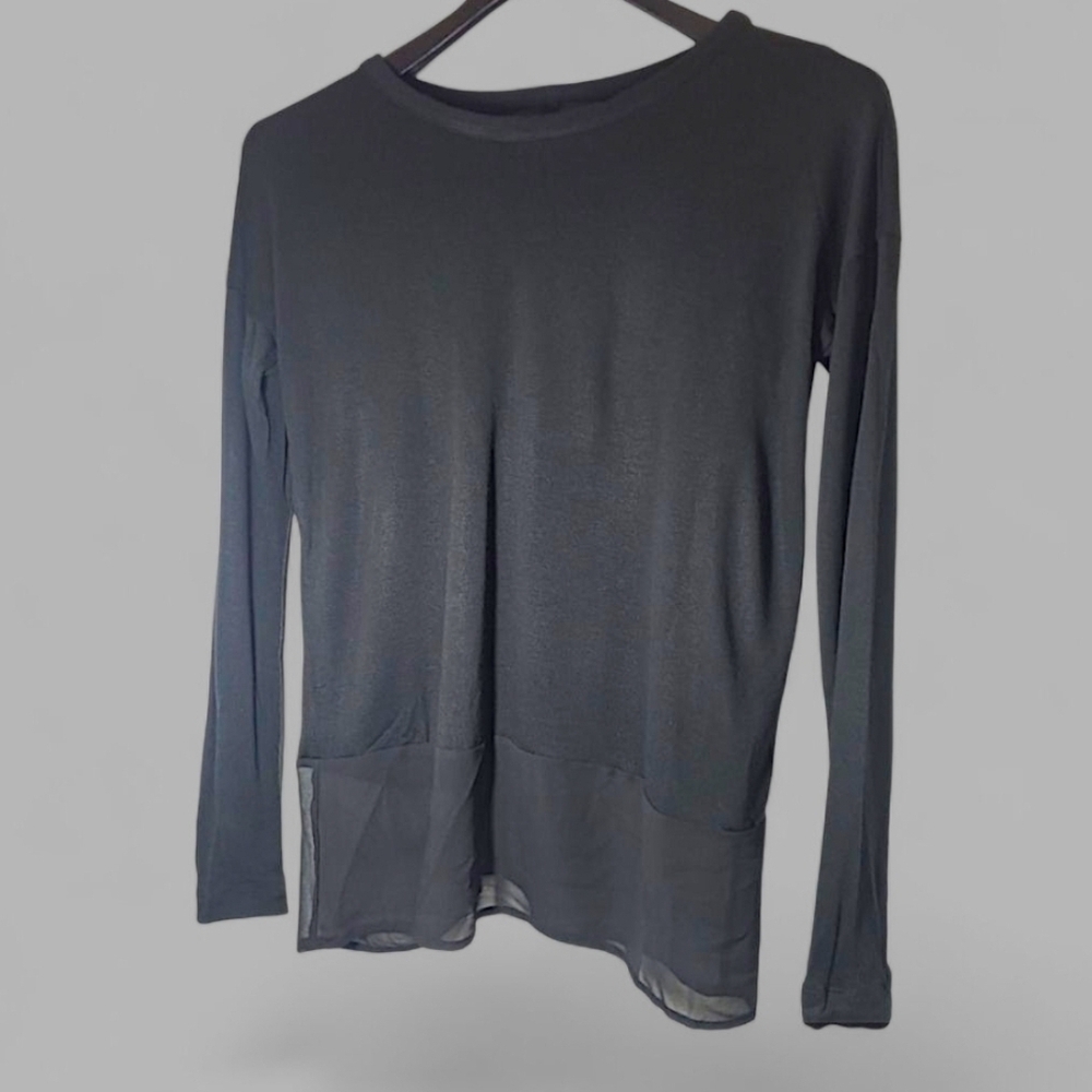 Rag & Bone Long Sleeve Modal Silk Mixed Media Distressed Top Sheer Trim Size S